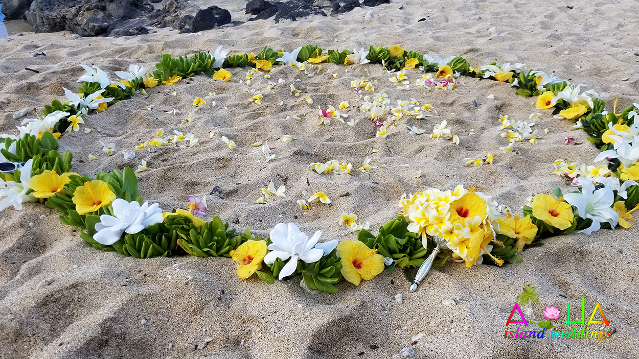 flower circle of Yellow and white flowers on the beach in Hawaii
